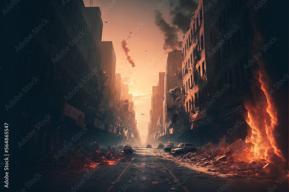 End of the term, deserted streets, with widespread fire and a lot of panic among the people. Abandoned city, Generative AI