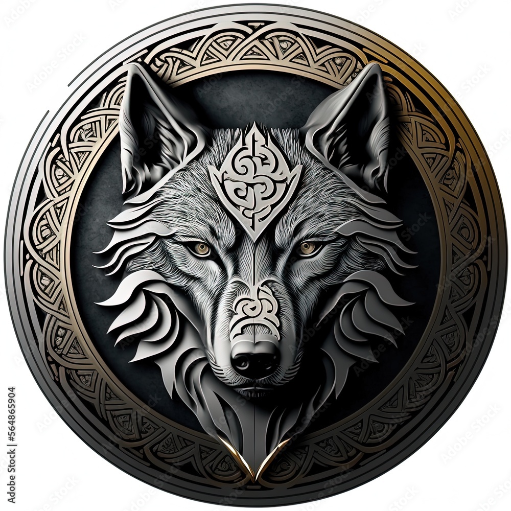 Fototapeta Emblem illustration, wolf amulet in silver circle, logo, white background. Generative AI