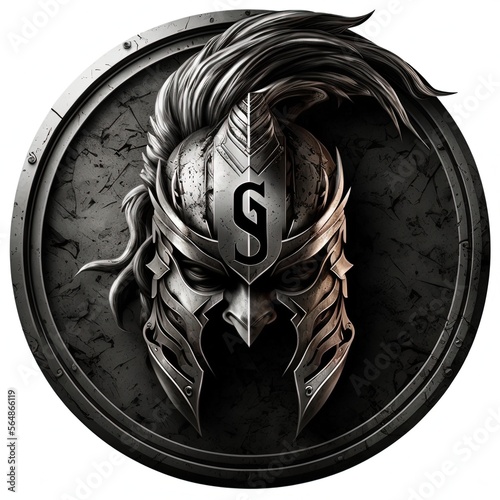 Spartan helmet emblem illustration in silver circle, logo, white background. Generative AI