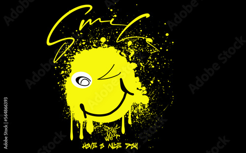 neon graffiti inspirational smile, Vintage hand drawn crayon smiley face illustration print with slogan for graphic tee t shirt