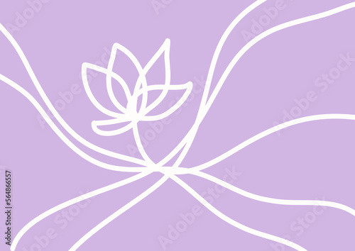 Lotus flowers in continuous line art drawing style. Minimalist white linear sketch on violet pastel color background. Vector illustration of minimalist background.