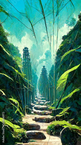 Sustainable Development of Bamboo Tunnel Afforestation illustration Generative AI Content by Midjourney