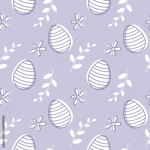 Modern Easter eggs seamless pattern with spring flowers and leaves on pastel purple background