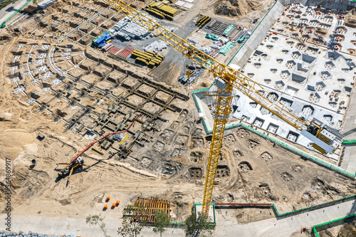 busy construction site with construction equipment and machinery. aerial photo.