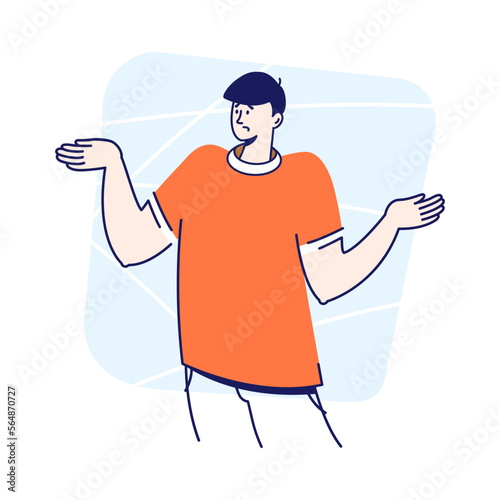 Puzzled, confused, hepless young man shrugs and doesn't know what to do