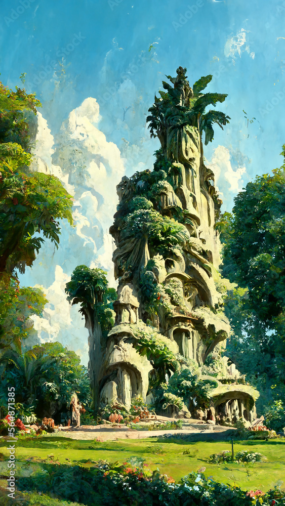 statues summer landscape with tropical forest illustration Generative AI Content by Midjourney