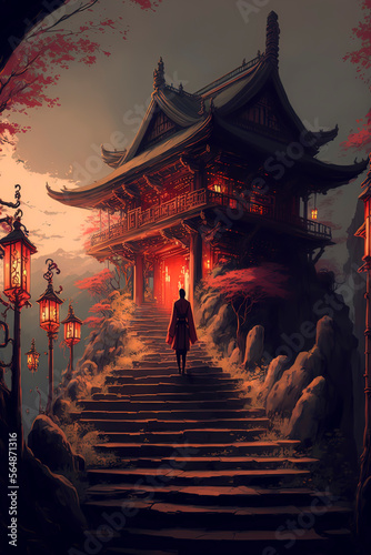 ancient japanese shrine on the mountain, red gates, dusk, lanterns along the path. Generative AI