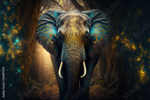 Fantastical Mythical Elephant in The Forest with Golden Spot - Generative AI 