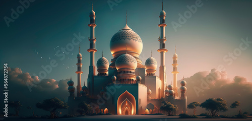 amazing architecture design of muslim mosque ramadan, Generative AI photo