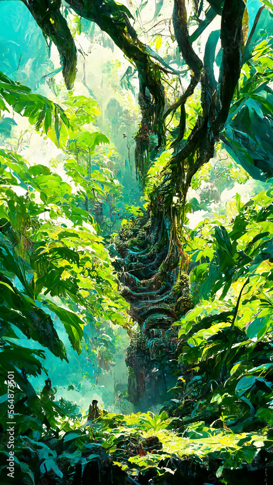 Fototapeta premium Tropical Rainforest forest Maya ancient culture illustration Generative AI Content by Midjourney