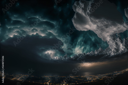 Dramatic and powerful tornado over the night city. Lightning of a thunderstorm flare up in the night sky. The concept of weather, cataclysm (hurricane, typhoon, tornado, storm).