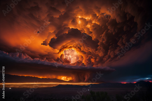 Red storm clouds far from a distance above the night city.