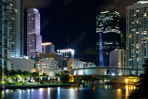 Miami skyline night view, water canals 