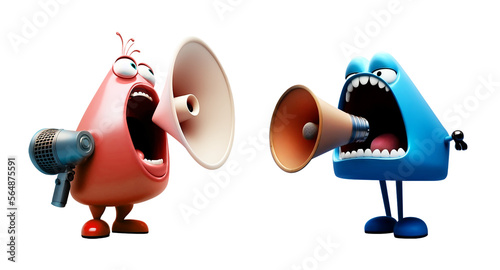 Two characters shout at each other through a megaphone. The concept of conflict. Emotionally negative situation. Bad news. Quarrel between man and woman