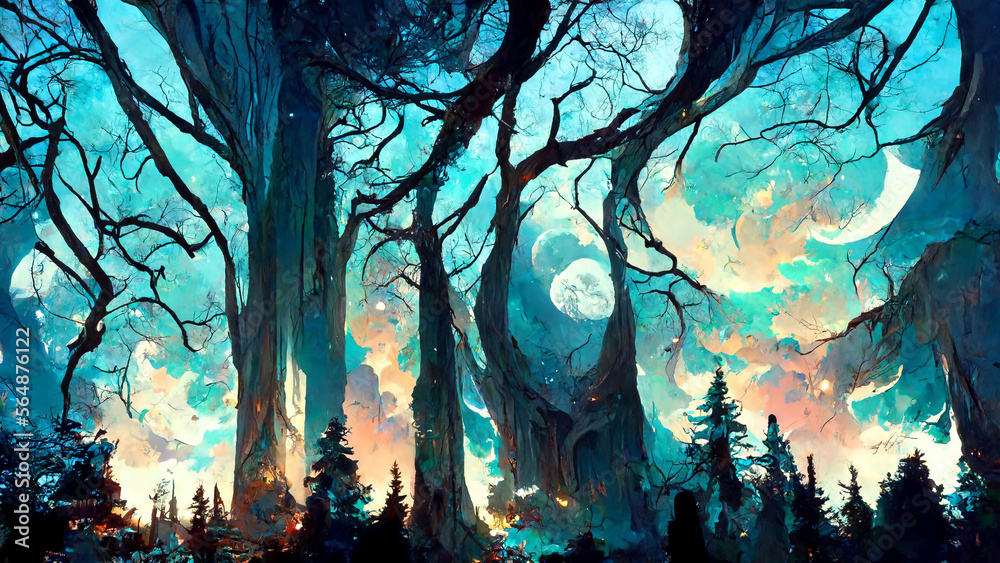 Fototapeta premium Forest at night illuminated by moonlight illustration Generative AI Content by Midjourney