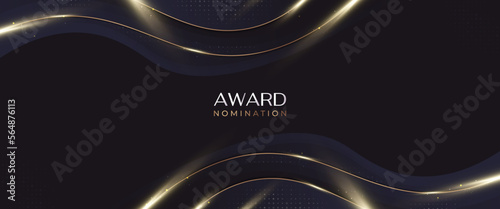 Luxurious and Elegant Blue and Gold Wavy Background with Golden Lines and Glowing Light. Can be Used for Award, Banner, Card, Nomination, Ceremony, Formal Invitation or Certificate Design