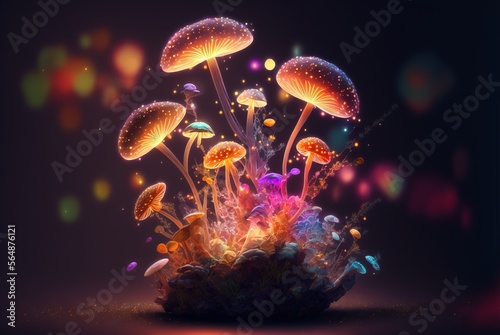 Magic mushroom glowing bright on mythical fantasy forest ground soil  colorful edible fungus hallucinogenic and known for extraordinary healing abilities - generative AI illustration. © SoulMyst
