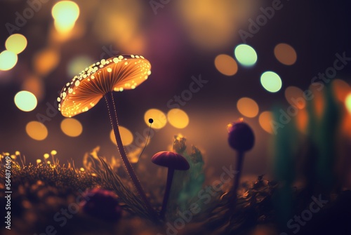 Magic mushroom glowing bright on mythical fantasy forest ground soil; colorful edible fungus hallucinogenic and known for extraordinary healing abilities - generative AI illustration.