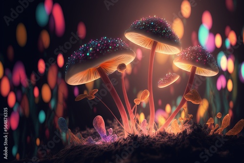 Magic mushroom glowing bright on mythical fantasy forest ground soil; colorful edible fungus hallucinogenic and known for extraordinary healing abilities - generative AI illustration.