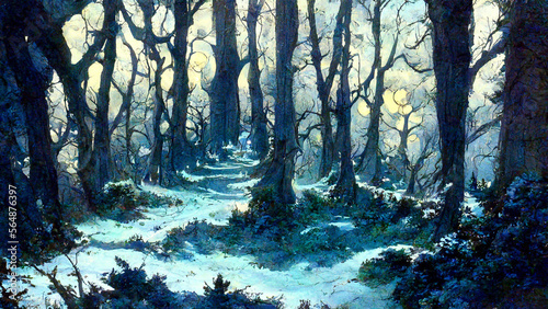 Forest at night illuminated by moonlight illustration Generative AI Content by Midjourney