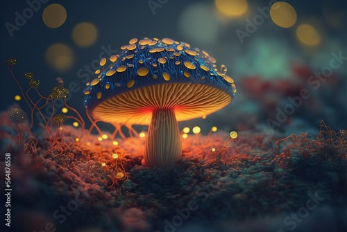 Magic mushroom glowing bright on mythical fantasy forest ground soil; colorful edible fungus hallucinogenic and known for extraordinary healing abilities - generative AI illustration.