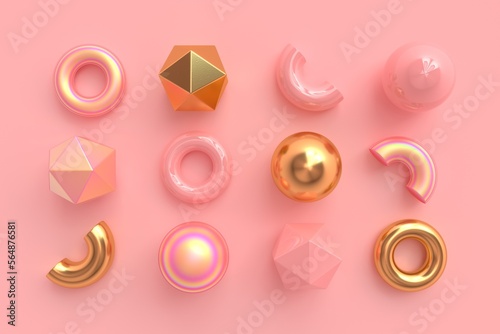 Set of abstract minimal 3d geometric shapes with different materials. photo