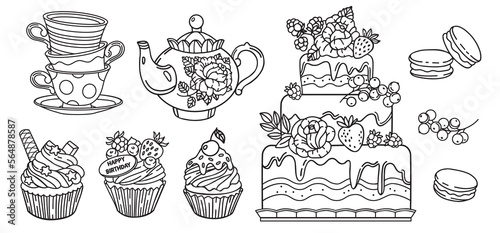 Tea party line set. Vector illustration for a coloring book