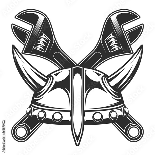 Viking horned helmet and crossed wrench business builder from new construction and remodeling house illustration