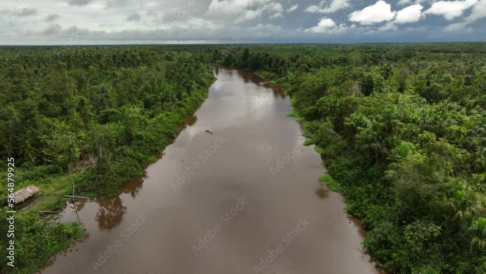 Aerial moving view of the river in tropical jungle rainforest with indigenous house in Orinoco Delta in Venezuela. Aerial moving view of the river in tropical jungle rainforest with indigenous house in Orinoco Delta in Venezuela.