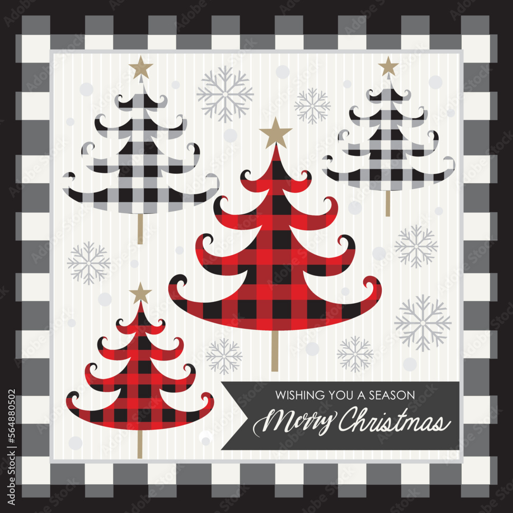 Naklejka premium christmas card with christmas tree and buffalo plaid