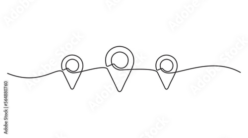 Continuous one line drawing of path and Location pointers. Simple pin between multiple points Hint location in thin Linear style. Gps navigation and Travel concept. Doodle vector illustration