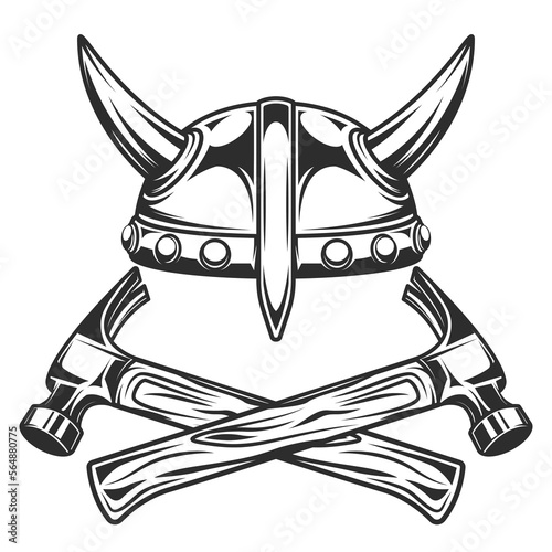 Viking horned helmet and crossed hammer business builder from new construction and remodeling house illustration