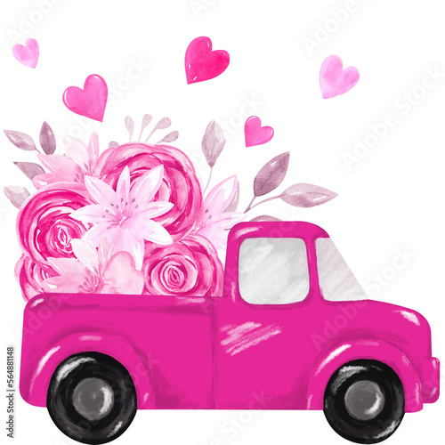 Valentines Day pink retro truck with flowers. Cute vintage pickup truck delivers hearts. Valentines Day greeting card  banner  poster  flyer  etc.