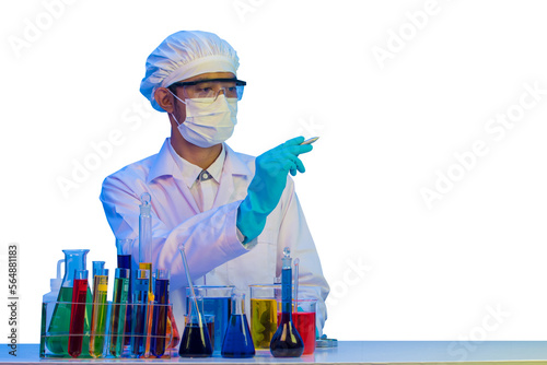 Experienced chemist wearing a uniform hand holding a pen with bottle chemical substance, with blue light isolate