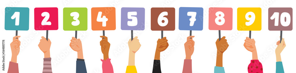 Jury Holding Signs with Numbers and Scores Vector Cartoon Illustration. People judging a competition giving feedback and grades
Jury Holding Signs with Numbers and Scores Vector Cartoon Illustration. People judging a competition giving feedback and grades