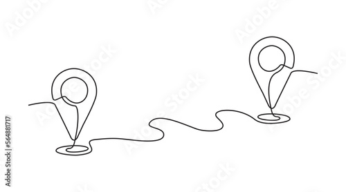 Continuous one line drawing of path and Location pointers. Simple pins on way between two points in thin Linear style. Gps navigation and Travel concept. Doodle vector illustration