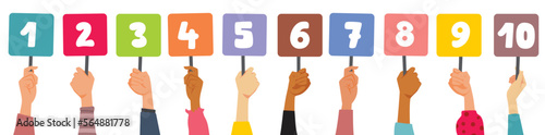 Jury Holding Signs with Numbers and Scores Vector Cartoon Illustration. People judging a competition giving feedback and grades 
