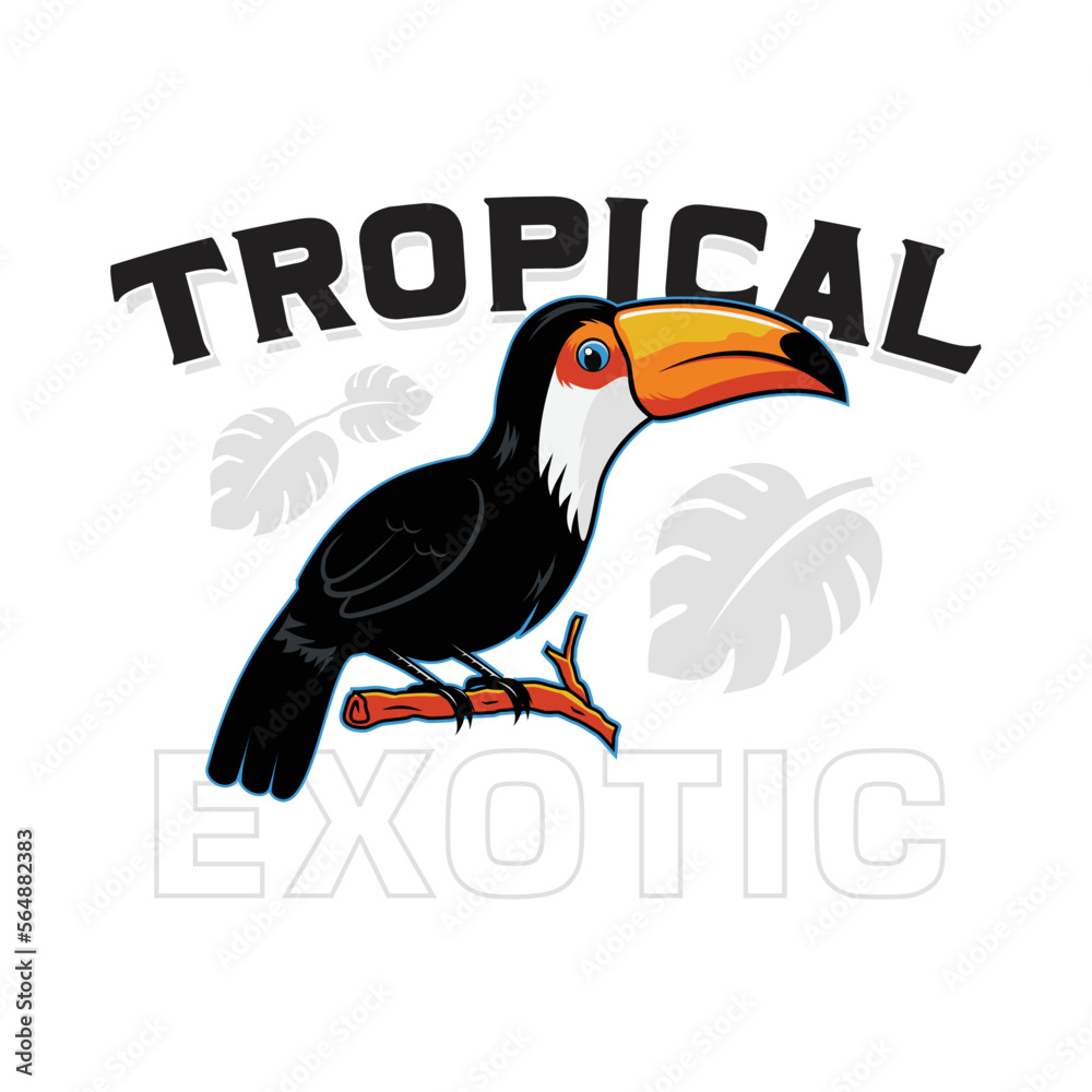 Fototapeta premium Tropical Toucan bird standing in branch exotic design illustration for T-shirt, sticker, poster etc