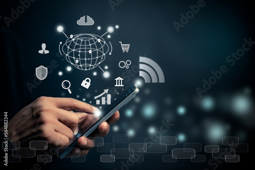 man using mobile smart phone. Business global internet connection application technology and digital marketing, Financial and banking, Digital link tech, big data.