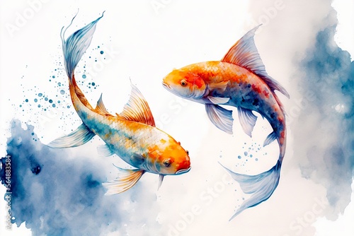 Watercolor Illustration of Two Colorful Koi Fish Swimming in Water, Pond, Pool - Isolated on White, Generative AI
