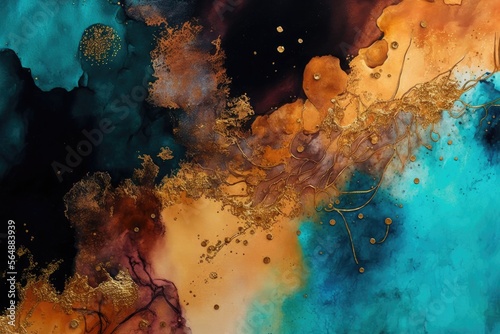 orange and teal alcohol ink abstract background, generative ai composite