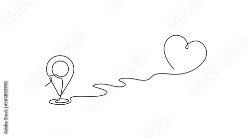 Continuous line drawing of paths and Location markers and love. Simple pin between one point Location Hint and love in Linear style. Gps Navigation and Travel concept location and love icon