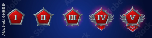 Level rank badges, game icons with five roman numerals and fantasy frames. Metal pentagon rating labels with red pennants and gems, vector cartoon set isolated on background