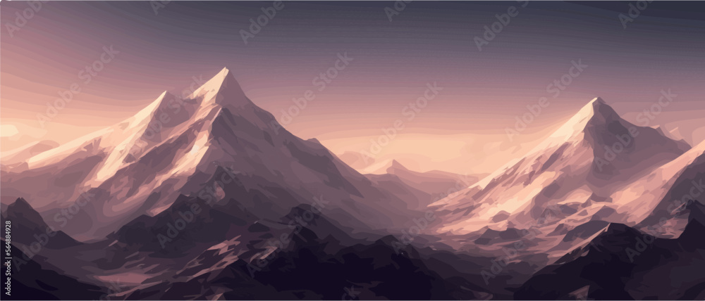 Fantasy epic magic mountain landscape. Mystical winter valley valley , Panoramic view of big mountains . Mountains landscape. Rural nature background. hills horizon - obrazy, fototapety, plakaty 