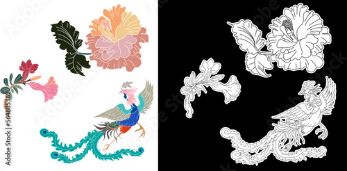 Chinese peacock with Peony flower and Cherry blossom vector.Outline Phoenix fire bird with peony and Sakura flower tattoo.