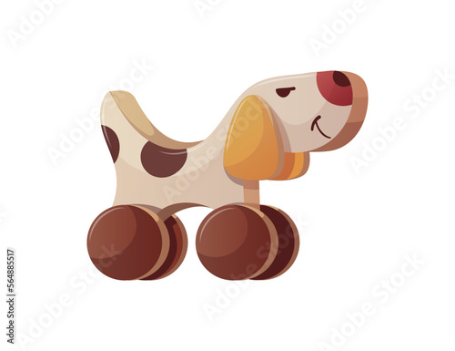 Wooden dog push toy. Children's toys, kid's shop, playing, childhood concept. Isolated vector illustration.