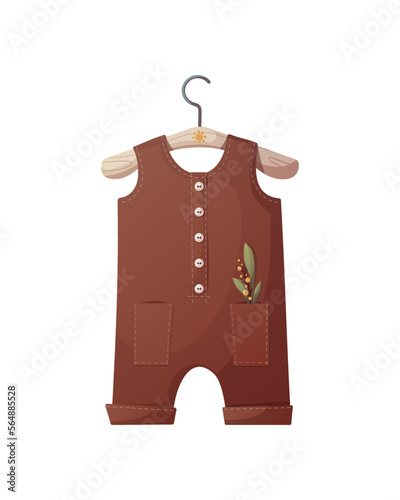 Brown baby romper. Baby clothes store, Baby waiting, baby care, newborn, childbirth concept. Isolated vector illustration.