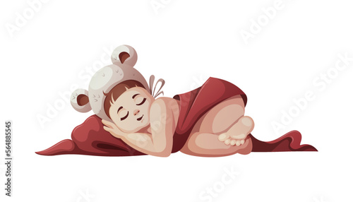 Baby girl sleeping in hat with ears. Newborn, Childbirth, Baby care, babyhood, childhood, infancy concept. Isolated vector illustration.