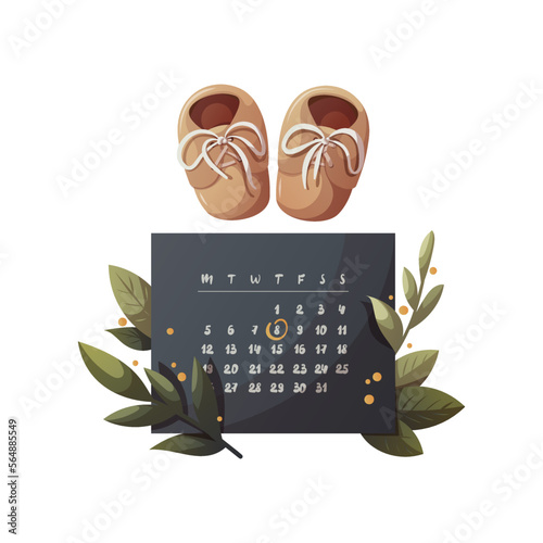 Monthly Calendar and baby shoes. Planning, Childbirth, scheduled even, appointment, baby waiting concept. Isolated vector illustration.