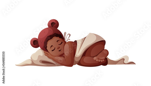 Baby girl sleeping in hat with ears. Newborn, Childbirth, Baby care, babyhood, childhood, infancy concept. Isolated vector illustration.